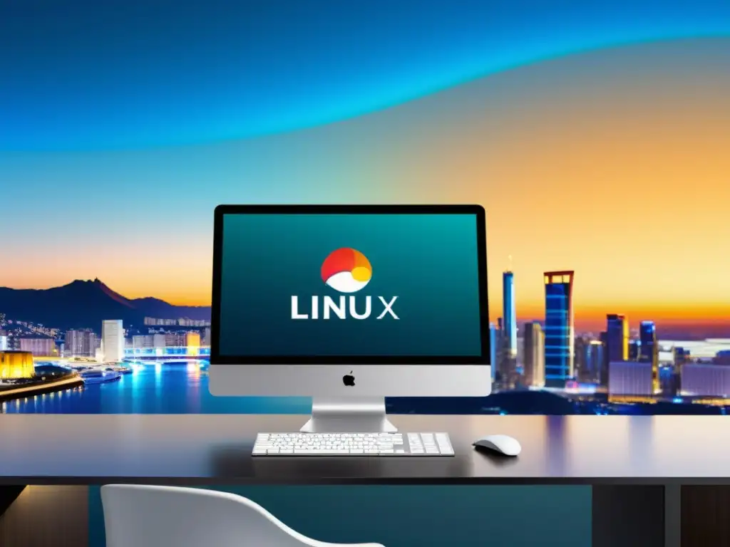 Un moderno escritorio de computadora con una máquina virtual Linux en una ciudad vibrante, simbolizando la virtualización en Linux para principiantes