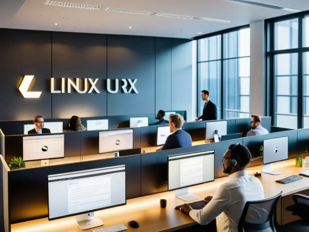 Un moderno espacio de oficina con gente trabajando en computadoras, cada uno con una distribución de Linux distinta