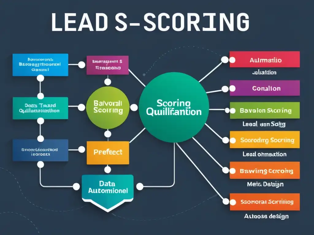 Un moderno gráfico de flujo muestra el proceso de puntuación de leads con nodos interconectados y datos coloridos, ideal para el artículo sobre 'Lead scoring con software libre'