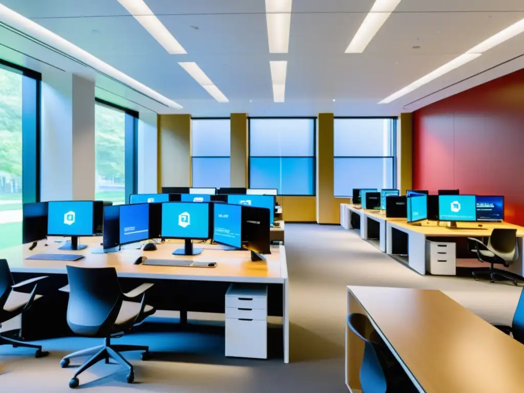 Un moderno laboratorio informático con plataformas de eLearning en Linux, bañado en luz natural y lleno de actividad educativa innovadora