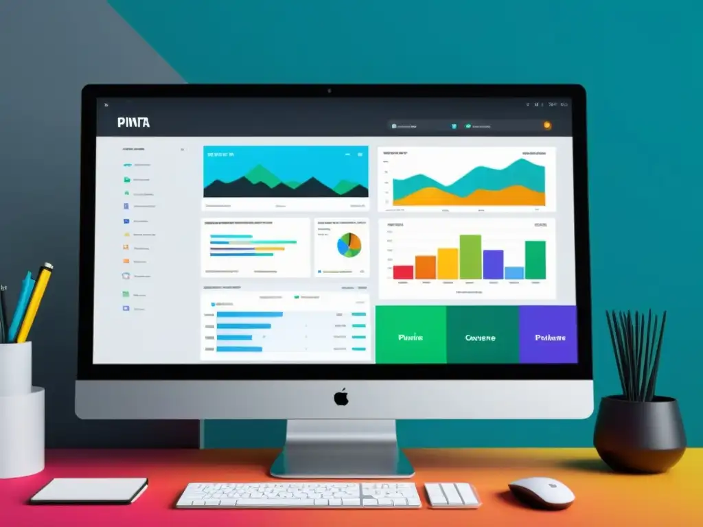 Un moderno monitor muestra Pinta software con colores vibrantes y detalles nítidos en un ambiente profesional y creativo