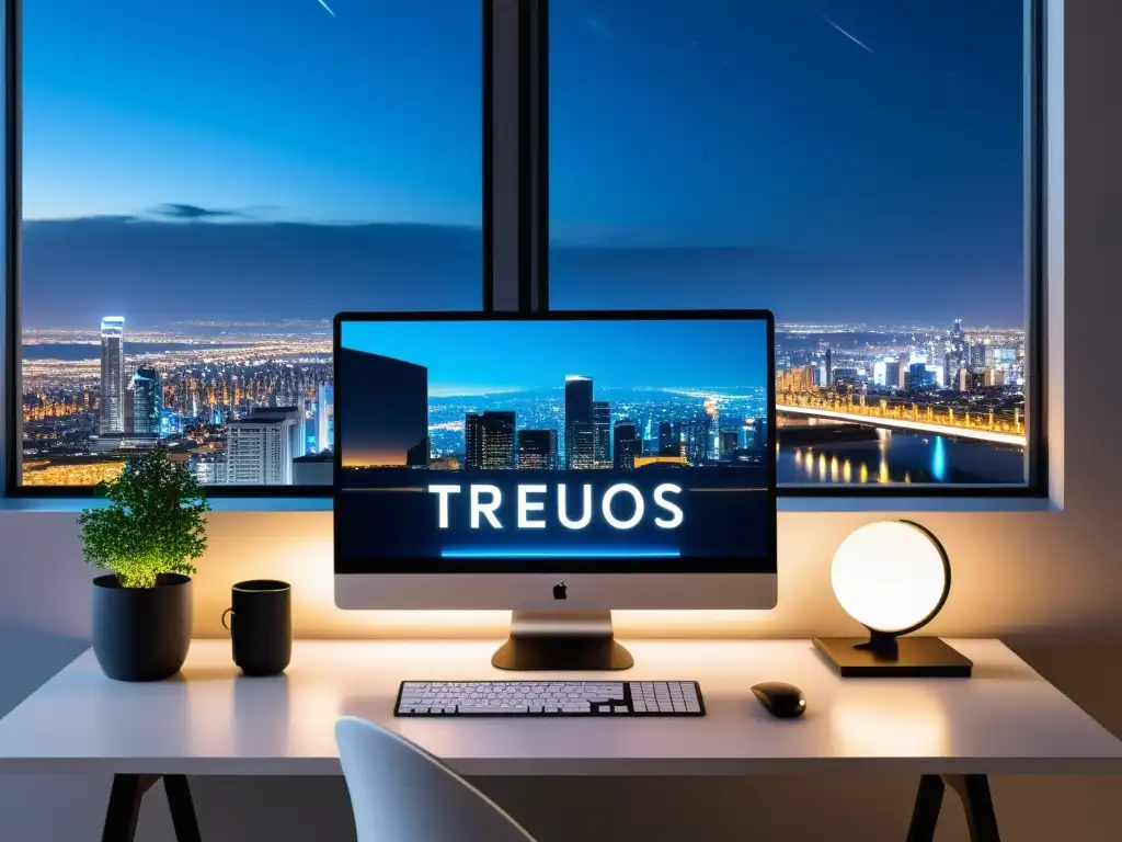 Moderno ordenador con Sistema operativo TrueOS de código abierto, sobre elegante escritorio con vista panorámica de una ciudad futurista de noche