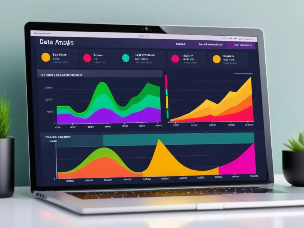 Un moderno panel de análisis de datos en pantalla, con visualizaciones de gráficos de líneas, gráficos de dispersión y mapas de calor