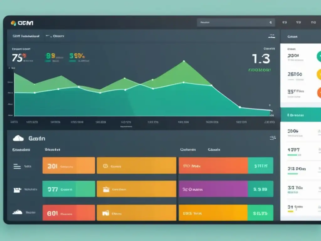 Un moderno panel de control CRM de código abierto con líneas limpias, colores vibrantes y controles intuitivos