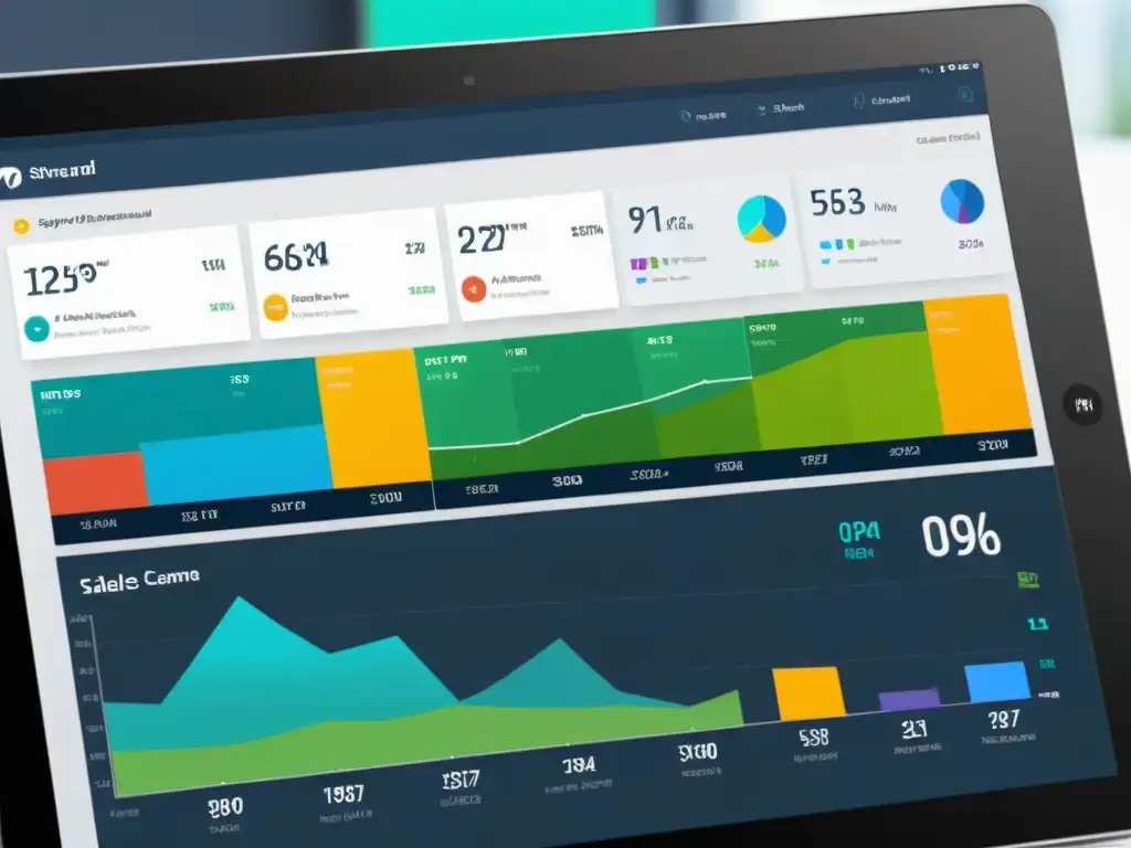 Un moderno panel de control de CRM para ecommerce, con visualizaciones de datos vibrantes y herramientas de análisis interactivas