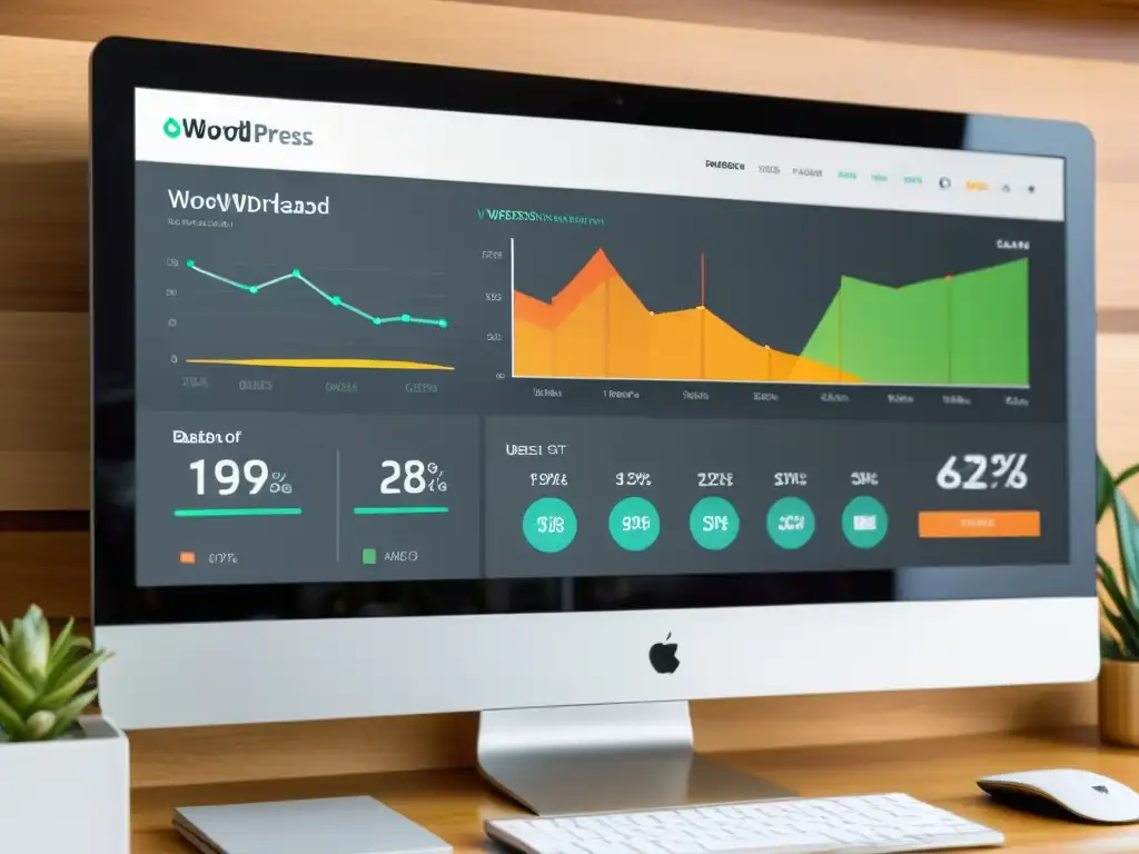 Un moderno panel de control de WordPress muestra gráficos en tiempo real de monitoreo de comportamiento del usuario en una oficina contemporánea