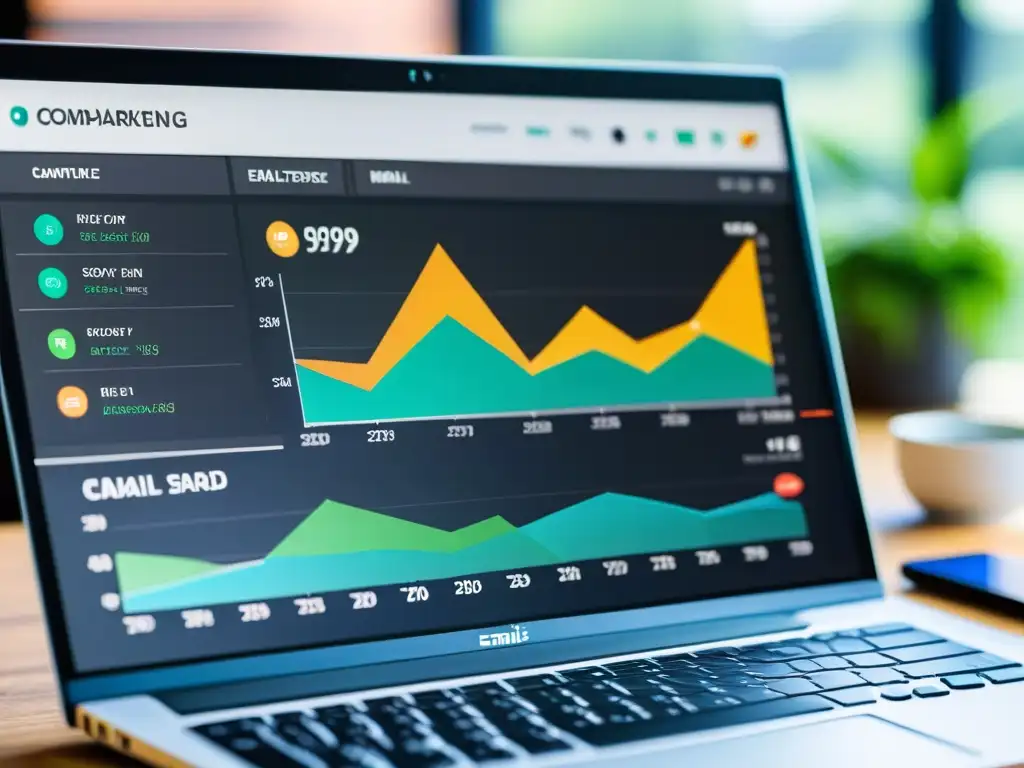 Un moderno panel de control de email marketing con gráficos coloridos y análisis en tiempo real