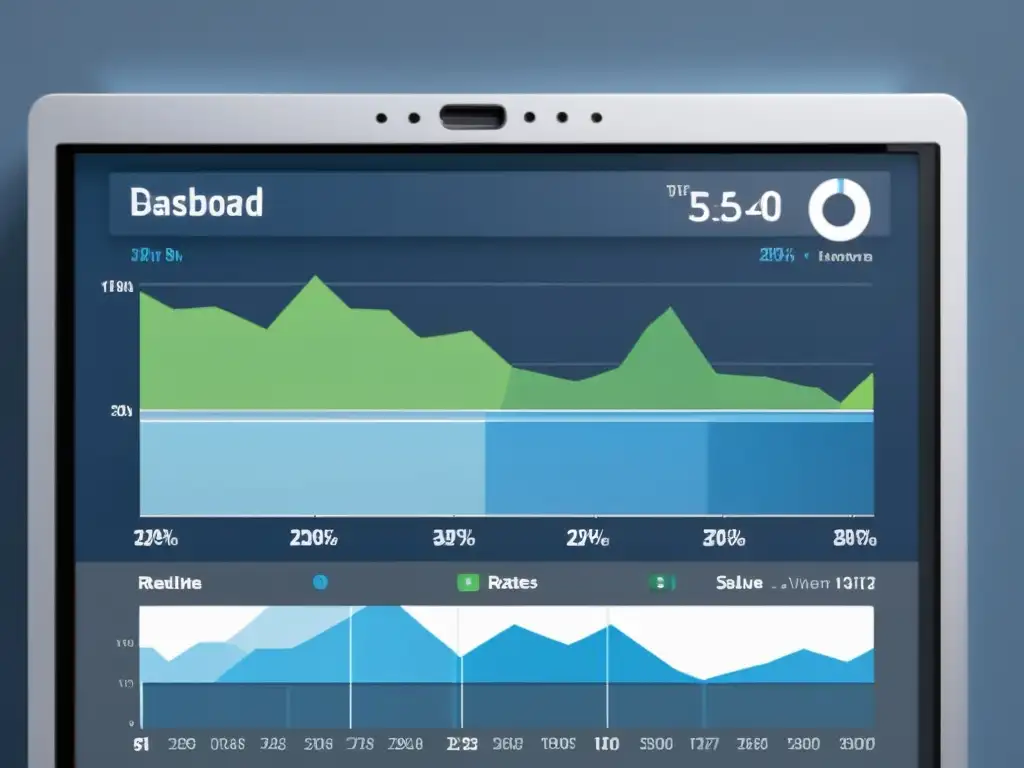 Un moderno panel de control muestra métricas de aplicaciones web con gráficos dinámicos y una interfaz sofisticada