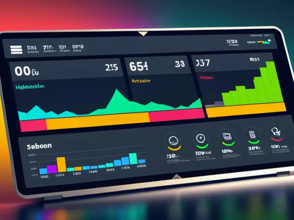 Panel de control futurista con visualizaciones de datos en tiempo real Un moderno panel de visualización de datos en tiempo real con Prometheus y Grafana, con gráficos coloridos y controles intuitivos