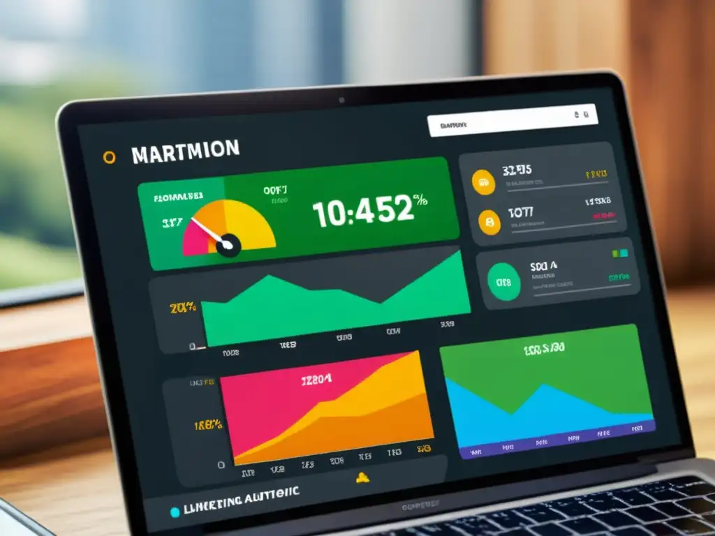 Un moderno panel de marketing automation con gráficos vibrantes y métricas de campañas de email