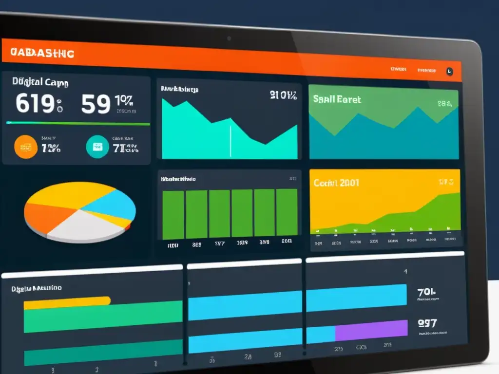 Un moderno panel de marketing digital muestra datos en tiempo real y métricas de rendimiento de campañas