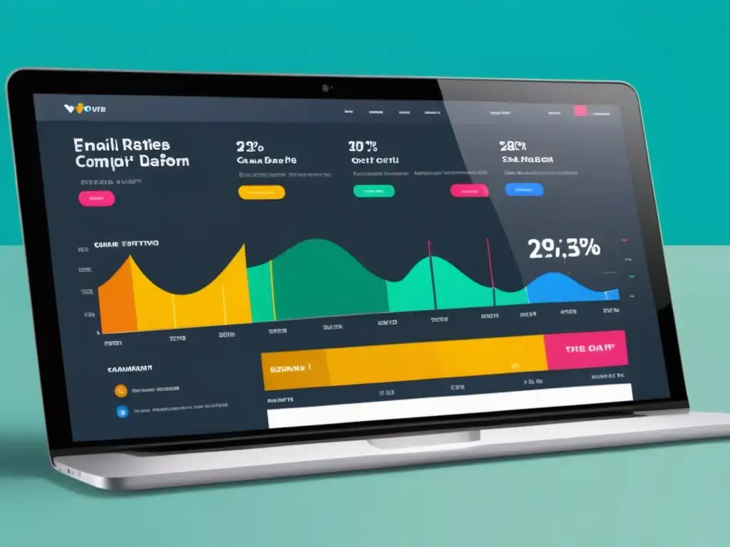 Un moderno panel de email marketing con gráficos vibrantes y fáciles de leer, en un ambiente acogedor