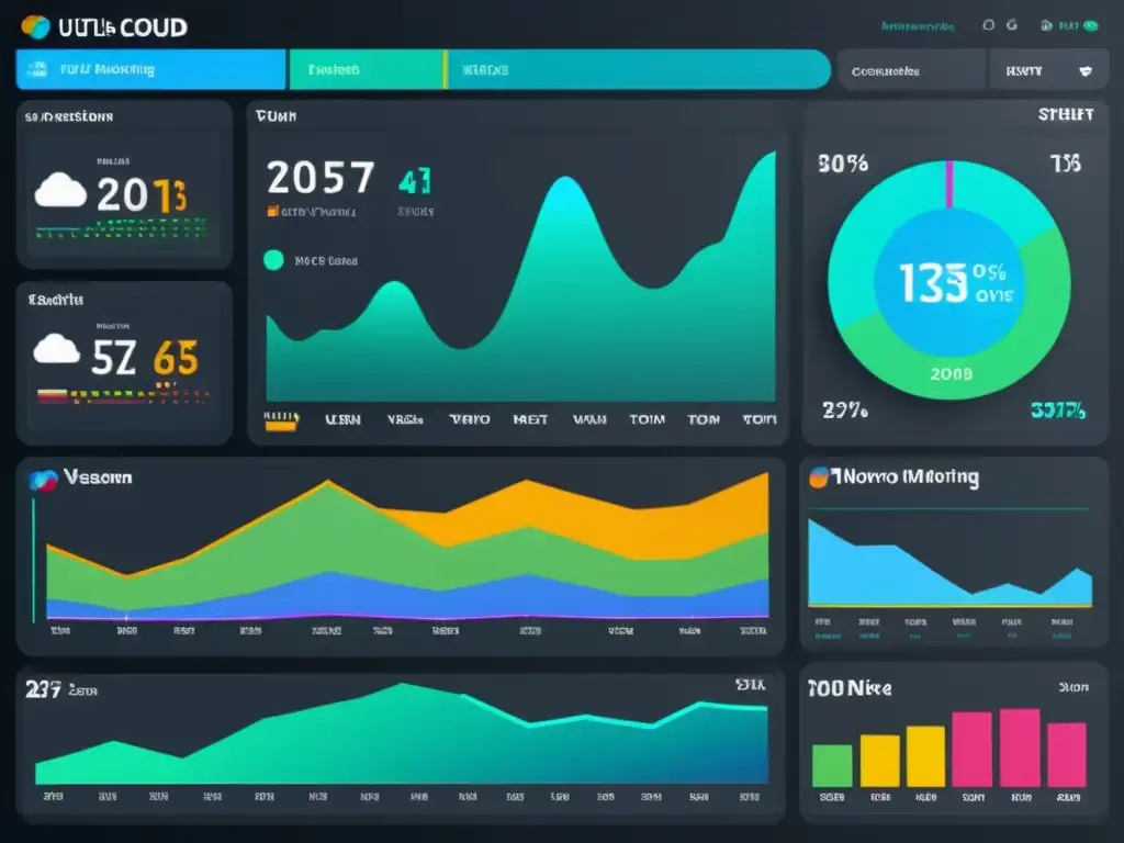 Un moderno panel de monitoreo de nube con gráficos futuristas y datos en tiempo real, mostrando métricas de rendimiento de red