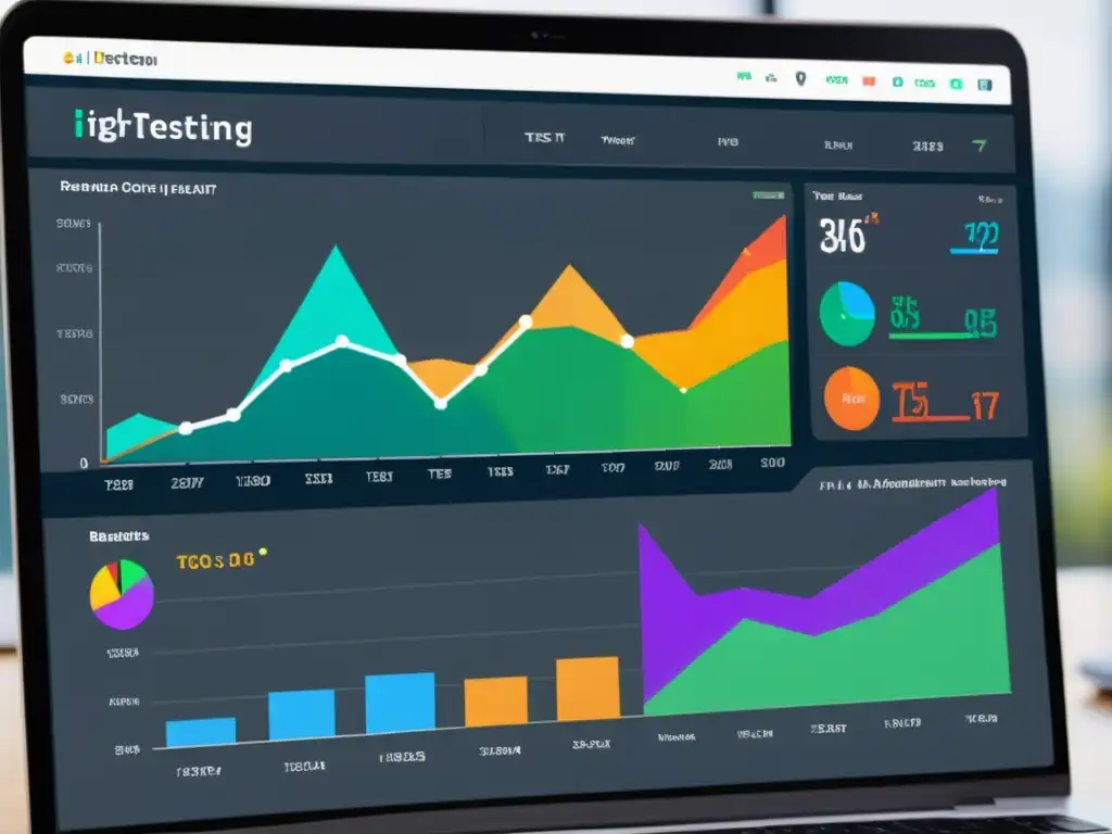 Un moderno panel de pruebas de integración en entornos open source, con gráficos coloridos y datos en tiempo real, reflejando eficiencia y potencia