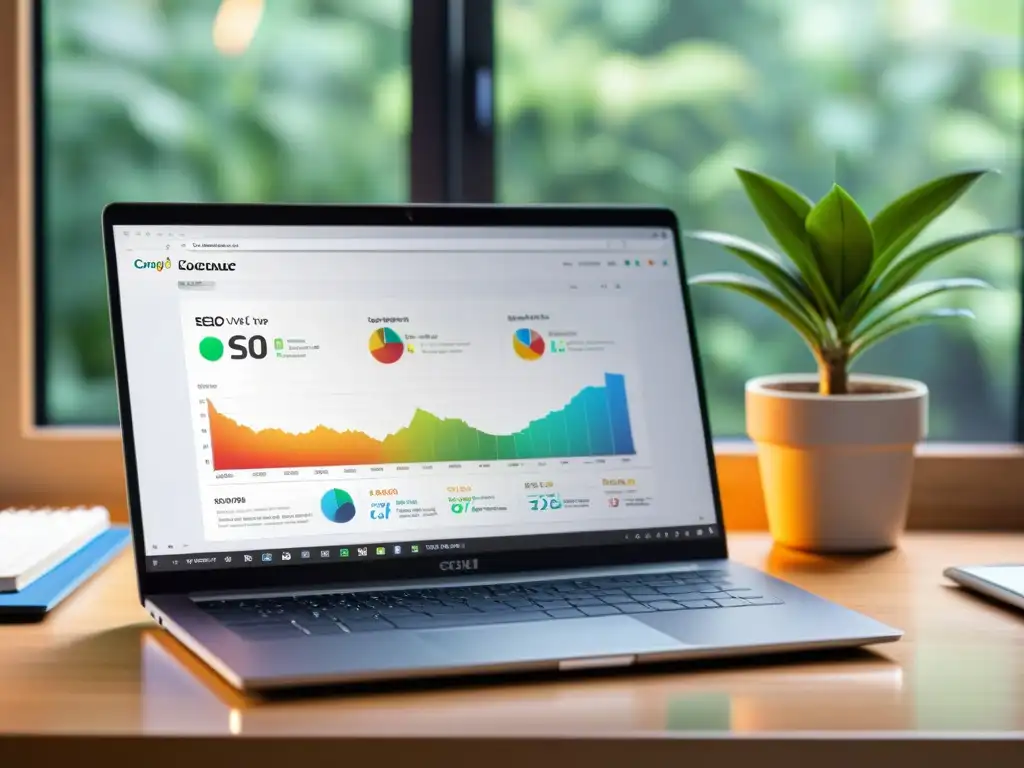 Un moderno portátil muestra datos de SEO y herramientas de código abierto