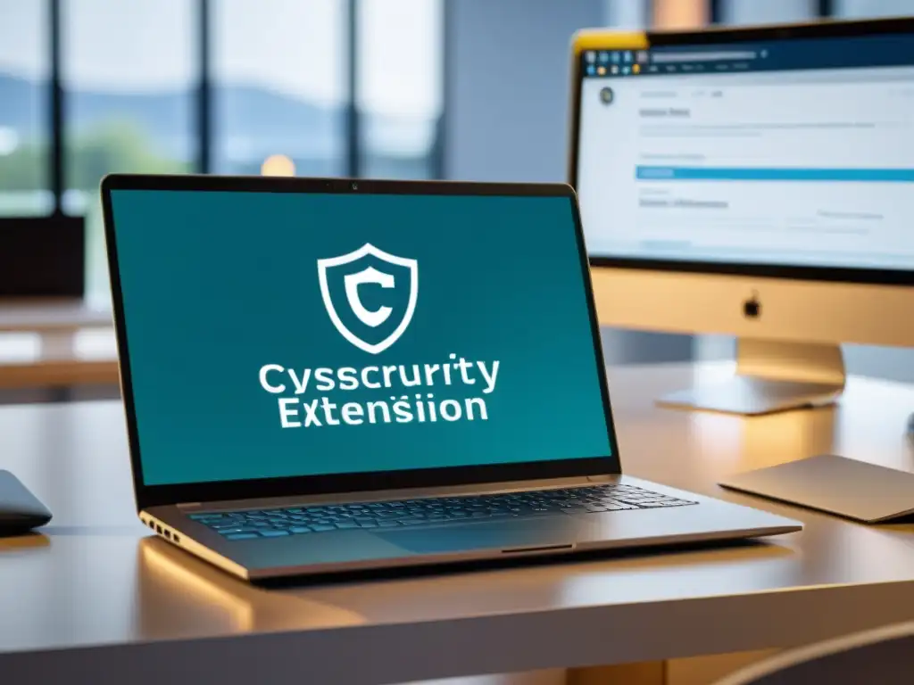 Un moderno portátil con una extensión de ciberseguridad open source, rodeado de iconos de ciberseguridad, en un entorno profesional y educativo