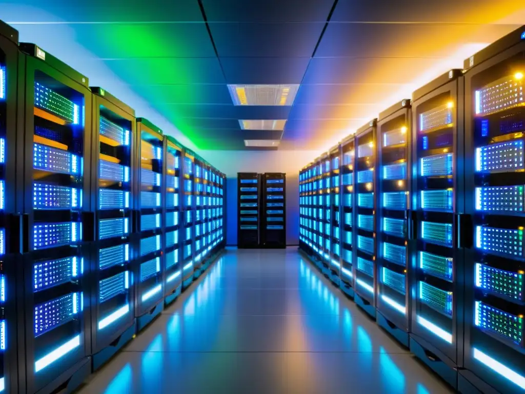 Un moderno y profesional centro de servidores con racks organizados y luces LED brillantes, donde se mejora el rendimiento MySQL con Percona Server