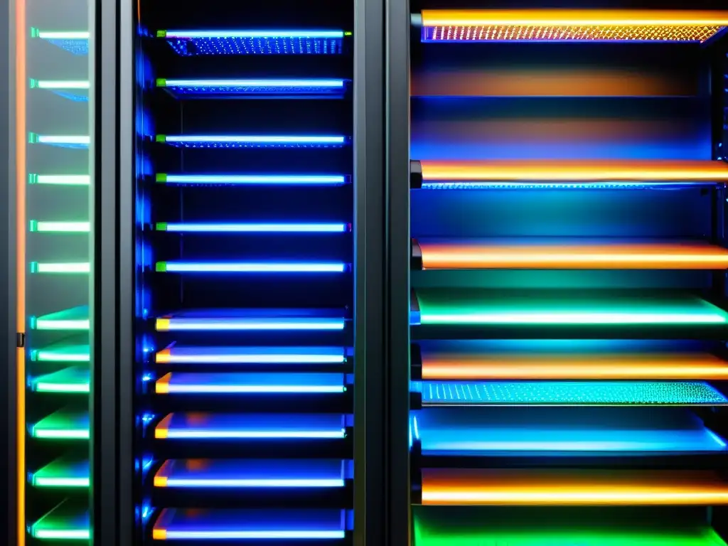 Un moderno rack de servidores con luces LED multicolores parpadeantes, transmite una estética futurista y tecnológica