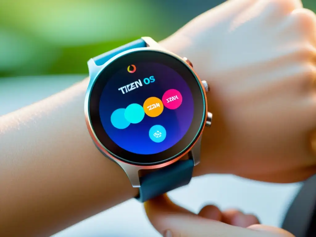 Un moderno smartwatch con Tizen OS, mostrando funciones avanzadas en una interfaz vibrante