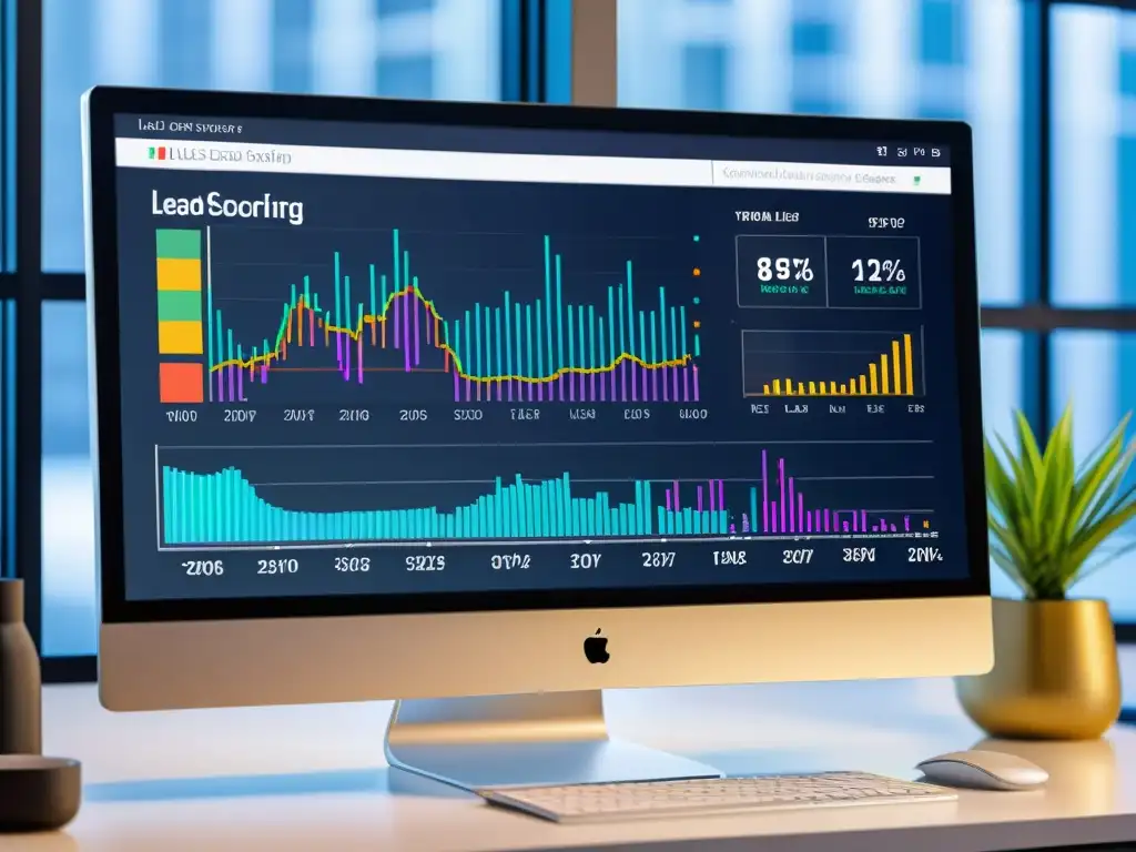 Un monitor muestra un algoritmo de puntuación de leads con gráficos coloridos