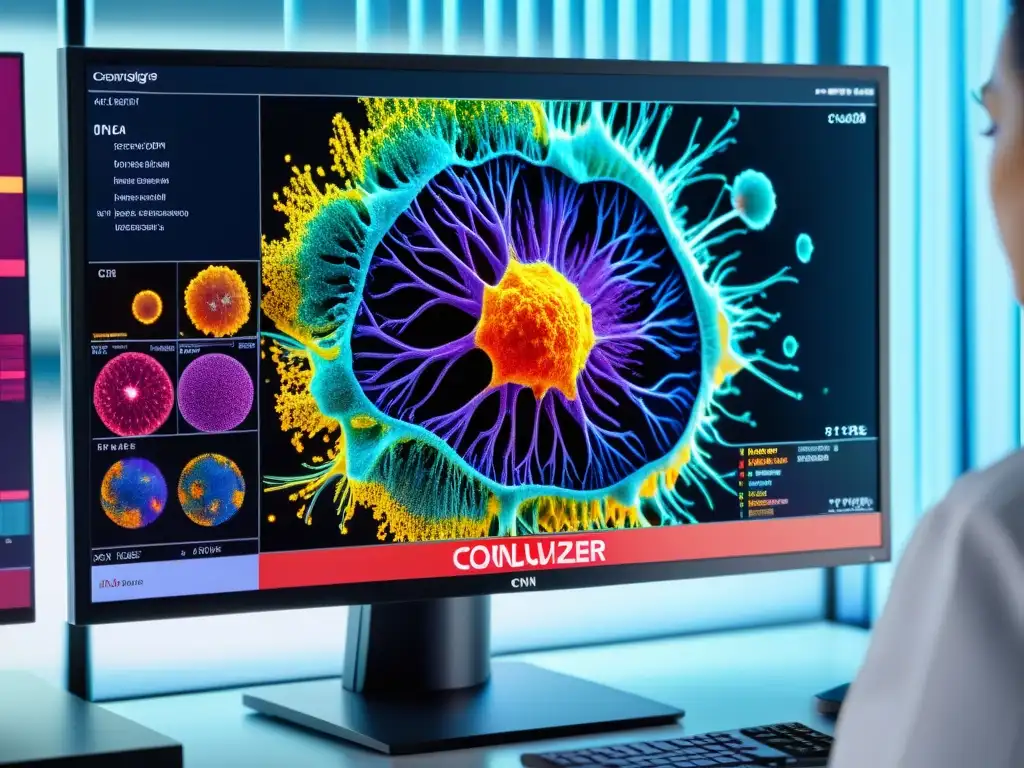 Monitor muestra visualización de células cancerosas analizadas por algoritmo de CNN