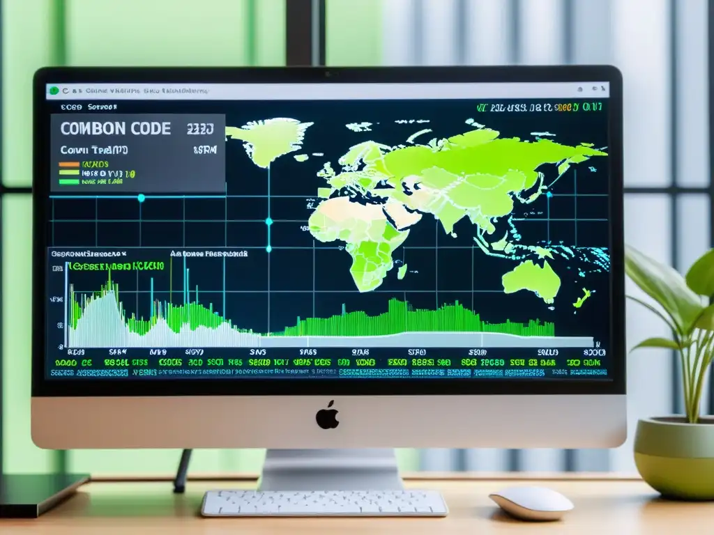 Monitor muestra código abierto sobre cambio climático con visualizaciones futuristas y decoración ecofriendly