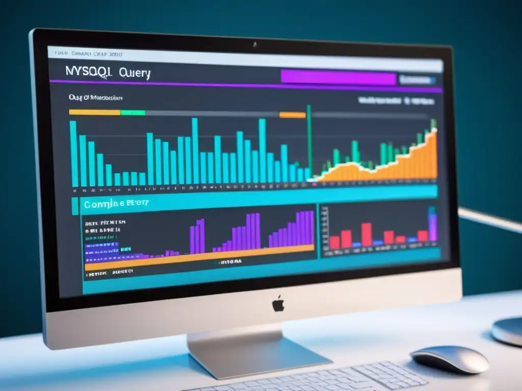 Un monitor muestra una compleja consulta MySQL en una interfaz moderna y vibrante, rodeada de métricas de rendimiento