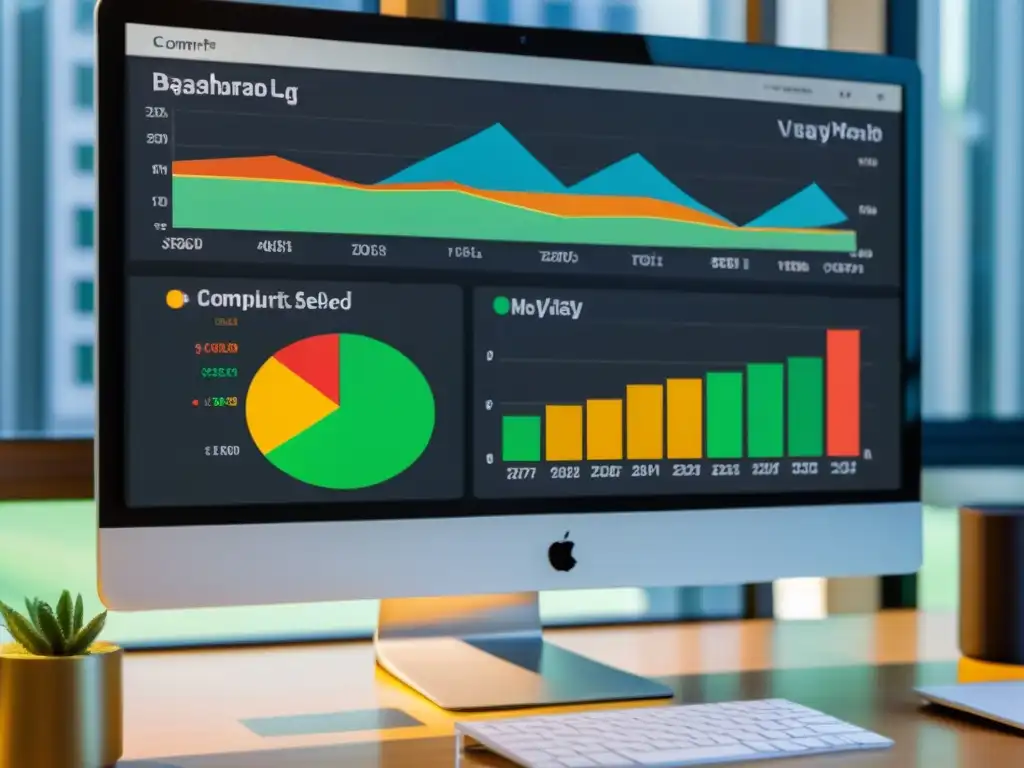 Monitor de computadora muestra análisis de logs con herramientas SEO: gráficos, métricas y KPIs en tiempo real impresionantes