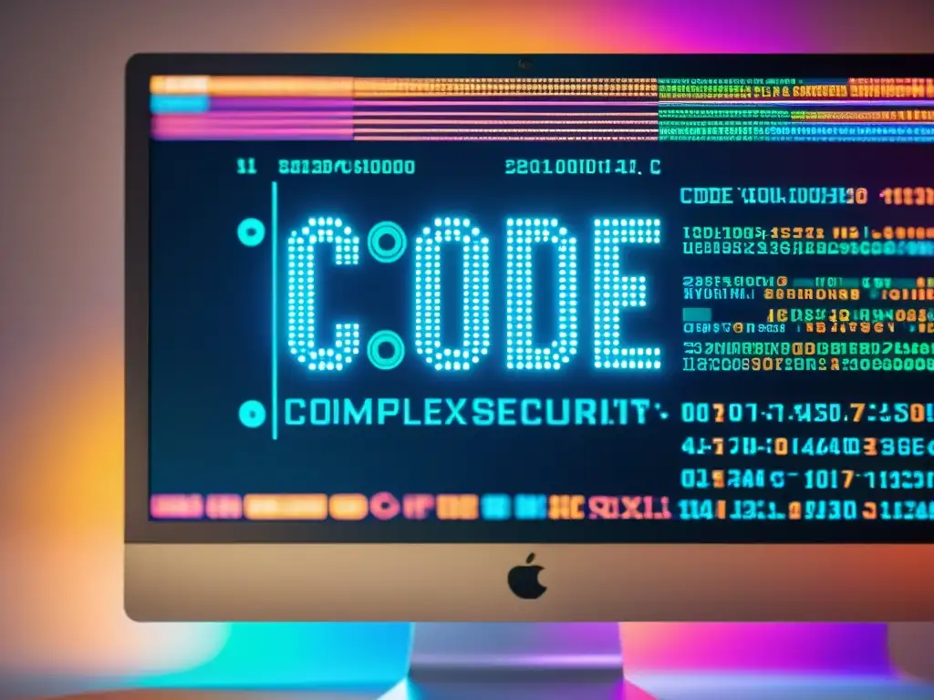 Monitor de computadora muestra código complejo con iconos de seguridad digital, en una atmósfera futurista y sofisticada