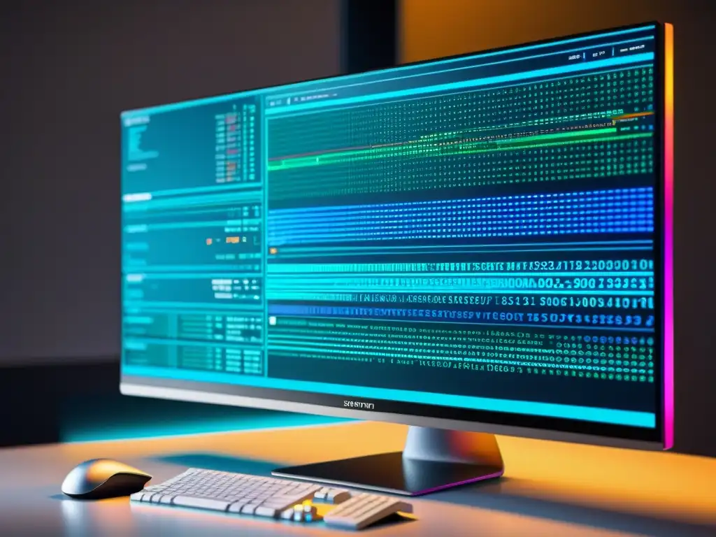 Monitor de computadora muestra código complejo con diseño moderno y colores vibrantes