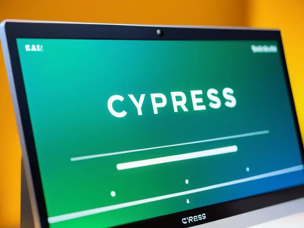 Un monitor de computadora muestra código y el logo de Cypress, destacando la estética profesional y moderna