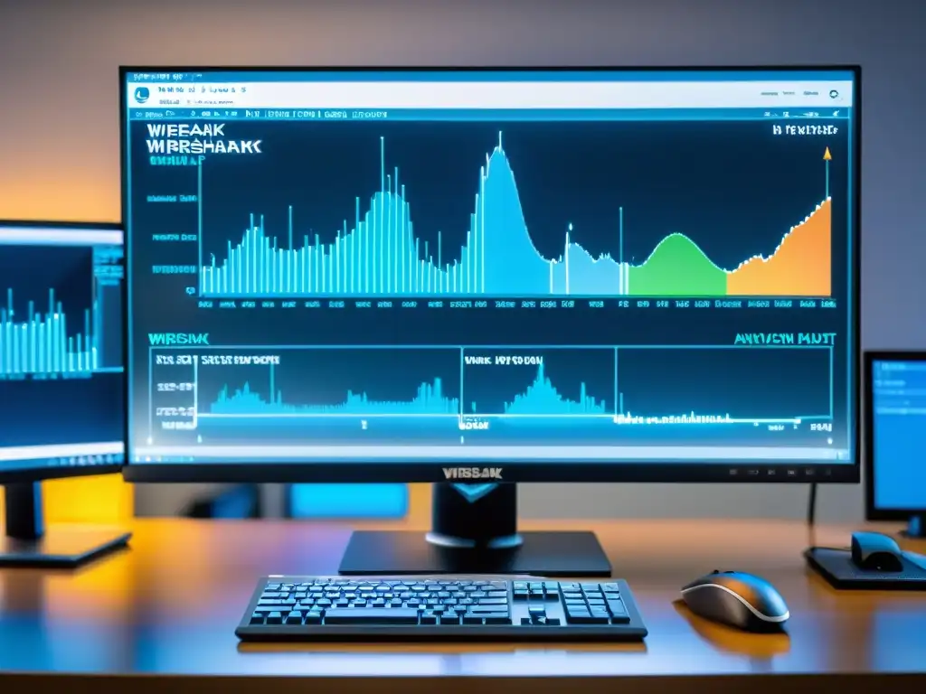 Monitor de computadora con Wireshark mostrando datos y gráficos de análisis de red