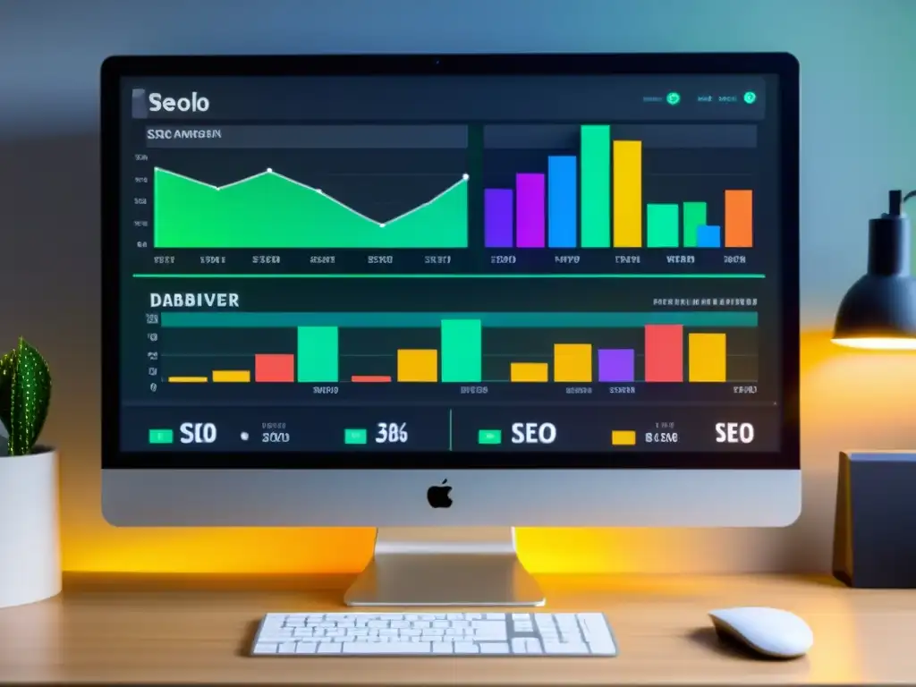 Monitor de computadora mostrando un detallado dashboard de SEO con gráficos y métricas