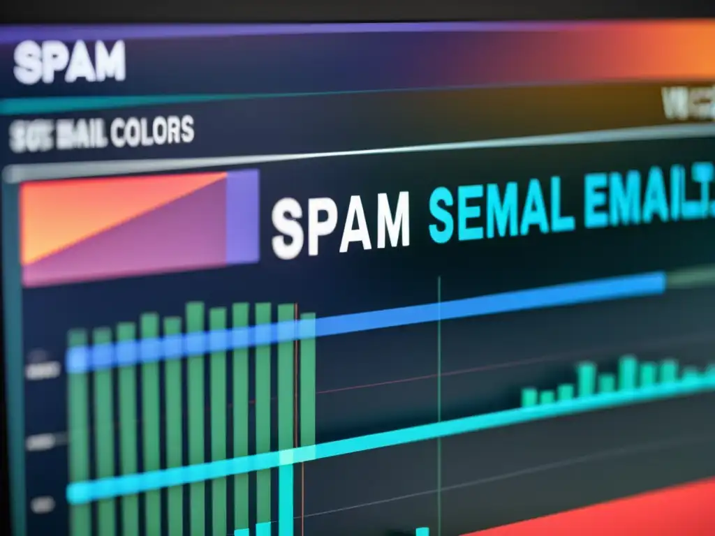 Monitor de computadora muestra gráfico de filtrado de spam en tiempo real por algoritmo SpamAssassin