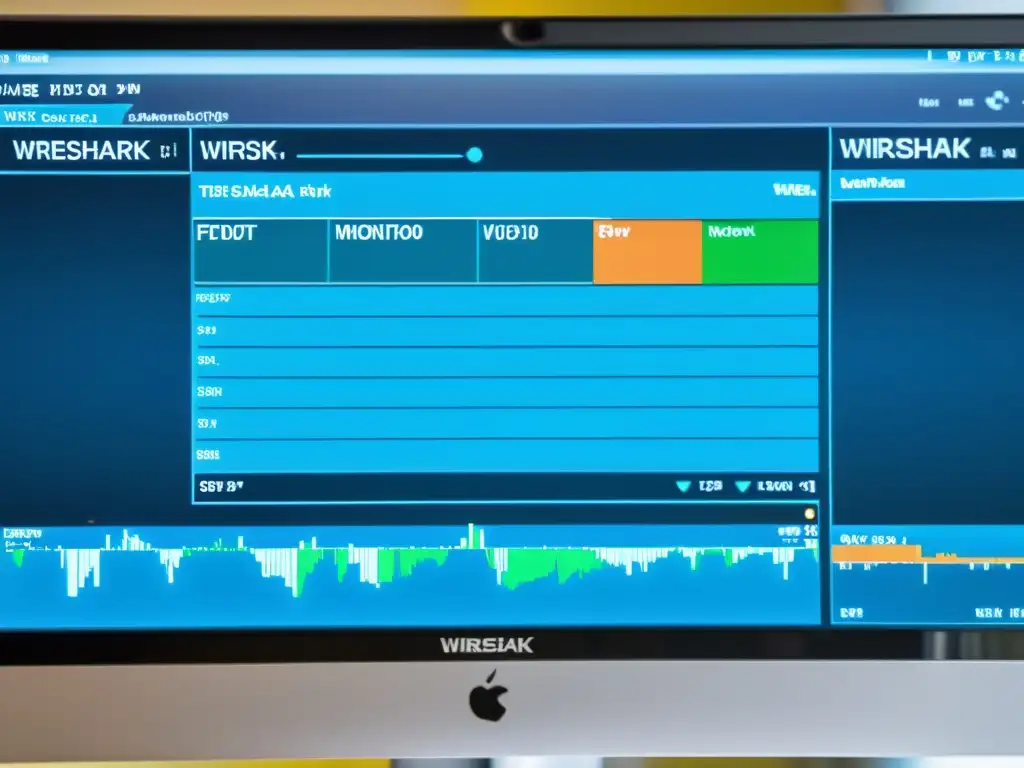 Monitor de computadora muestra la interfaz de Wireshark con datos y gráficos vibrantes, ideal para seguridad informática con software libre