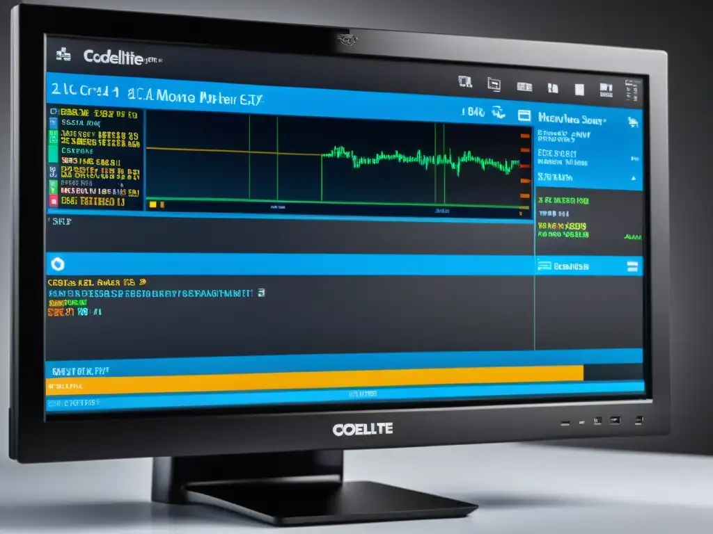 Un monitor de computadora muestra la interfaz moderna de CodeLite con líneas de código C++ resaltadas en colores vibrantes