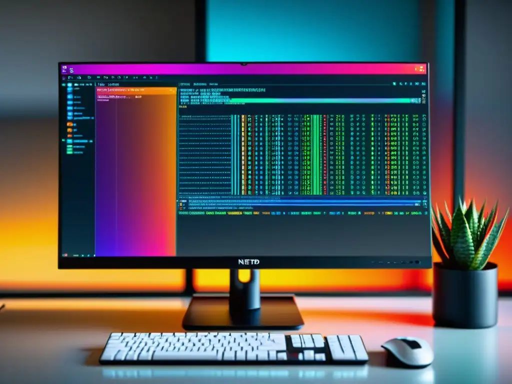 Monitor de computadora con líneas de código vibrantes, reflejando la optimización de NetBSD en un entorno profesional y eficiente