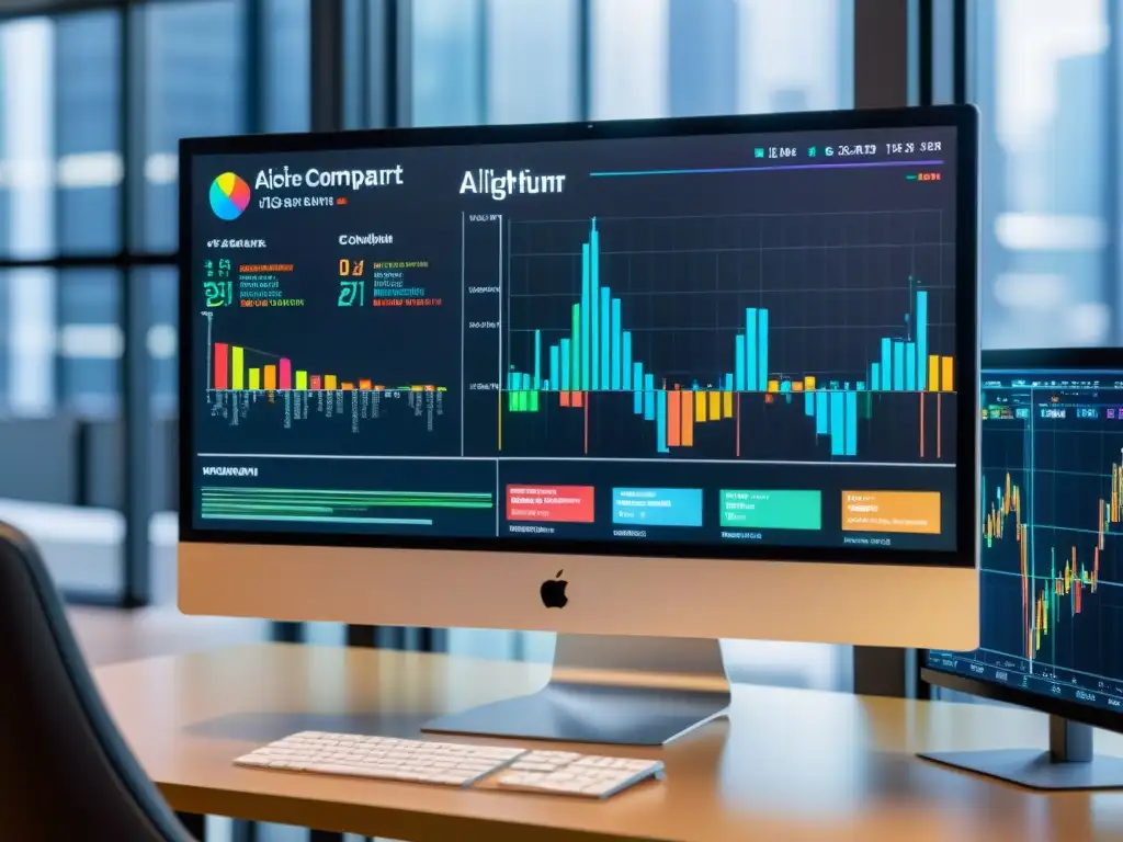 Un monitor de computadora moderno muestra un algoritmo de IA analizando datos de epidemias con gráficos coloridos y código