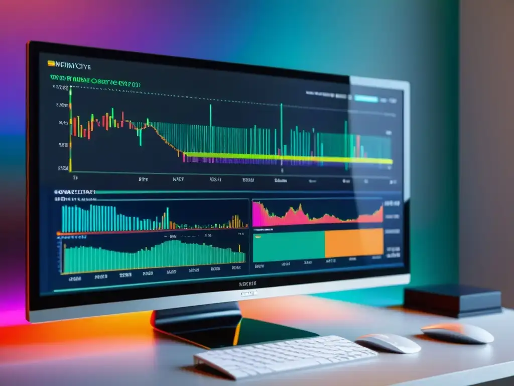 Monitor de computadora moderno con código Python para análisis predictivo y visualizaciones coloridas, en entorno profesional y vanguardista