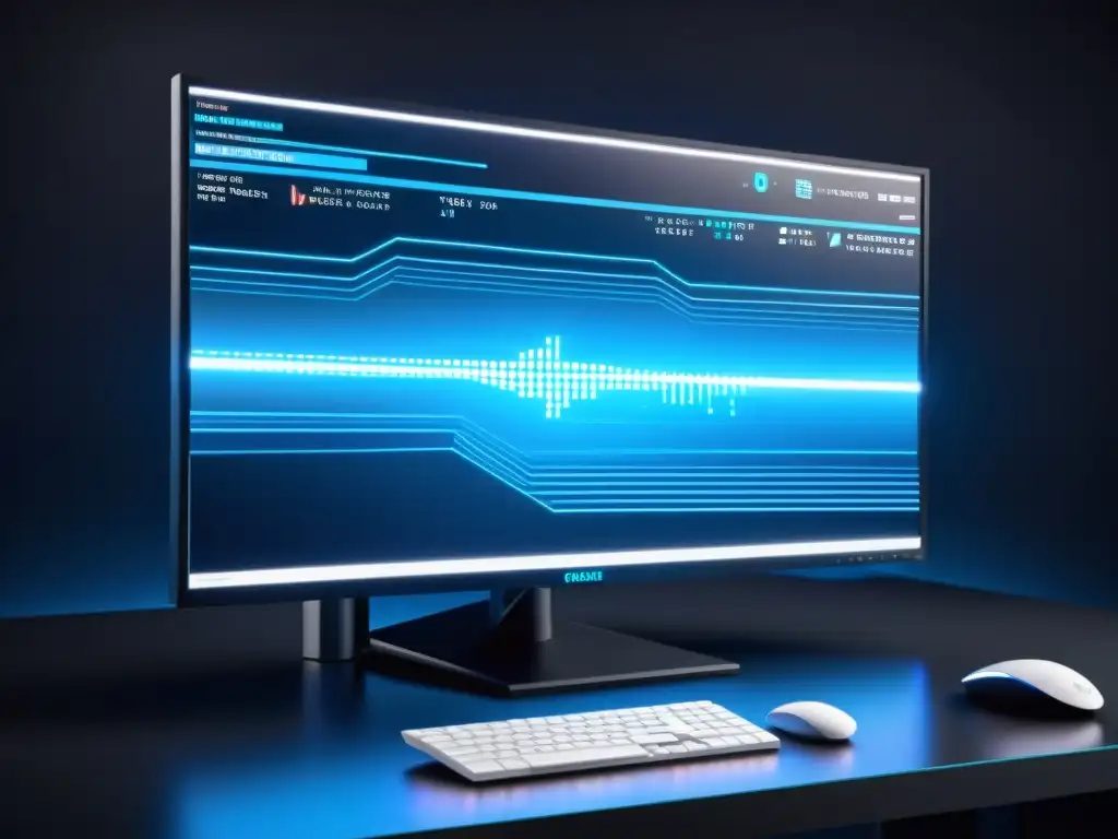 Monitor de computadora moderno mostrando código y juego futurista