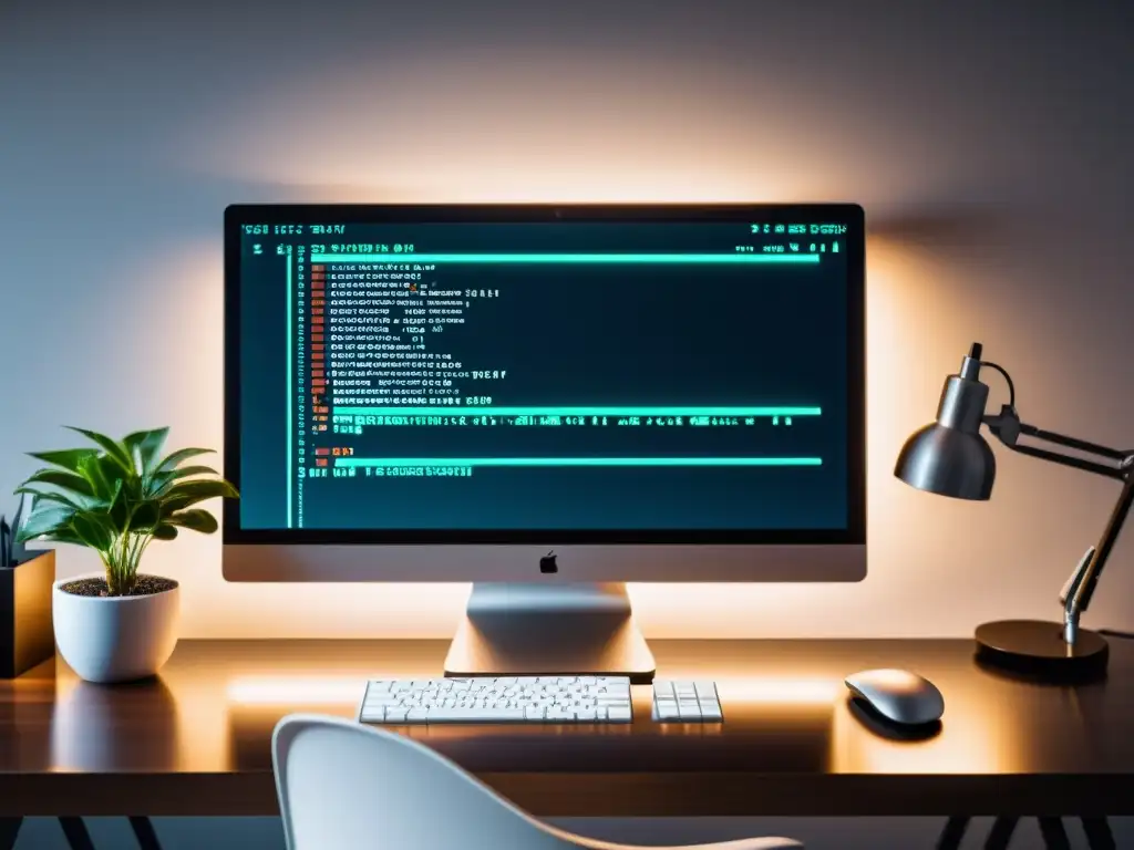 Monitor de computadora moderno muestra código futurista, con accesorios minimalistas y ambiente profesional cálido