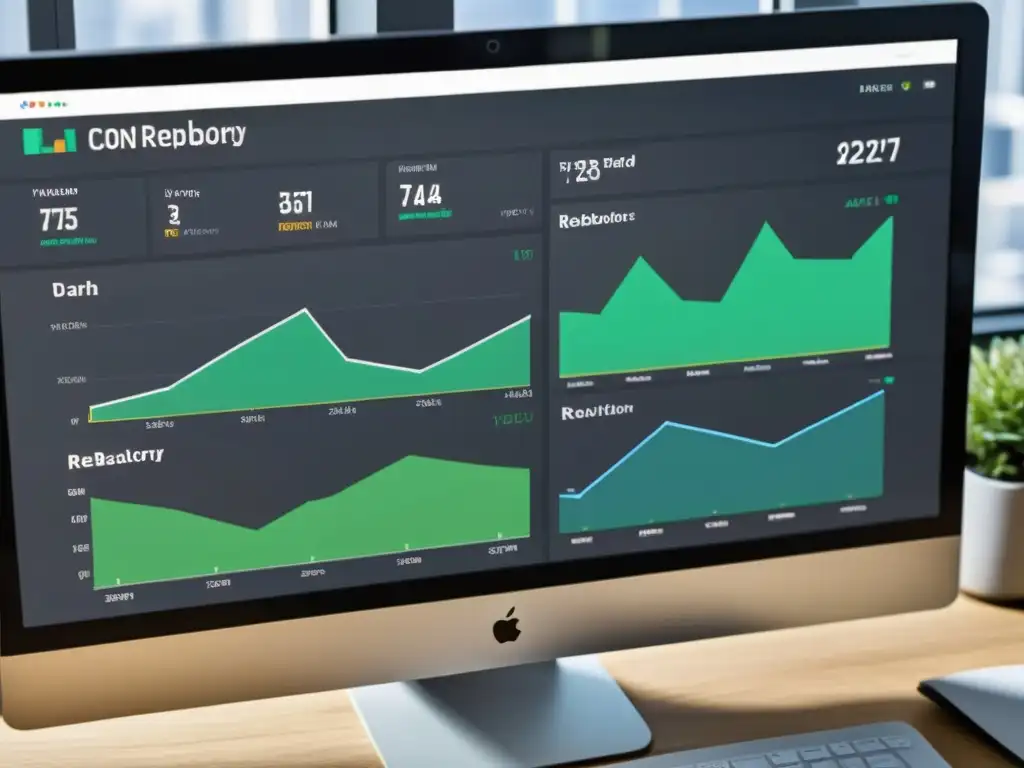 Monitor de computadora moderno muestra dashboard de control de versiones con gráficos detallados