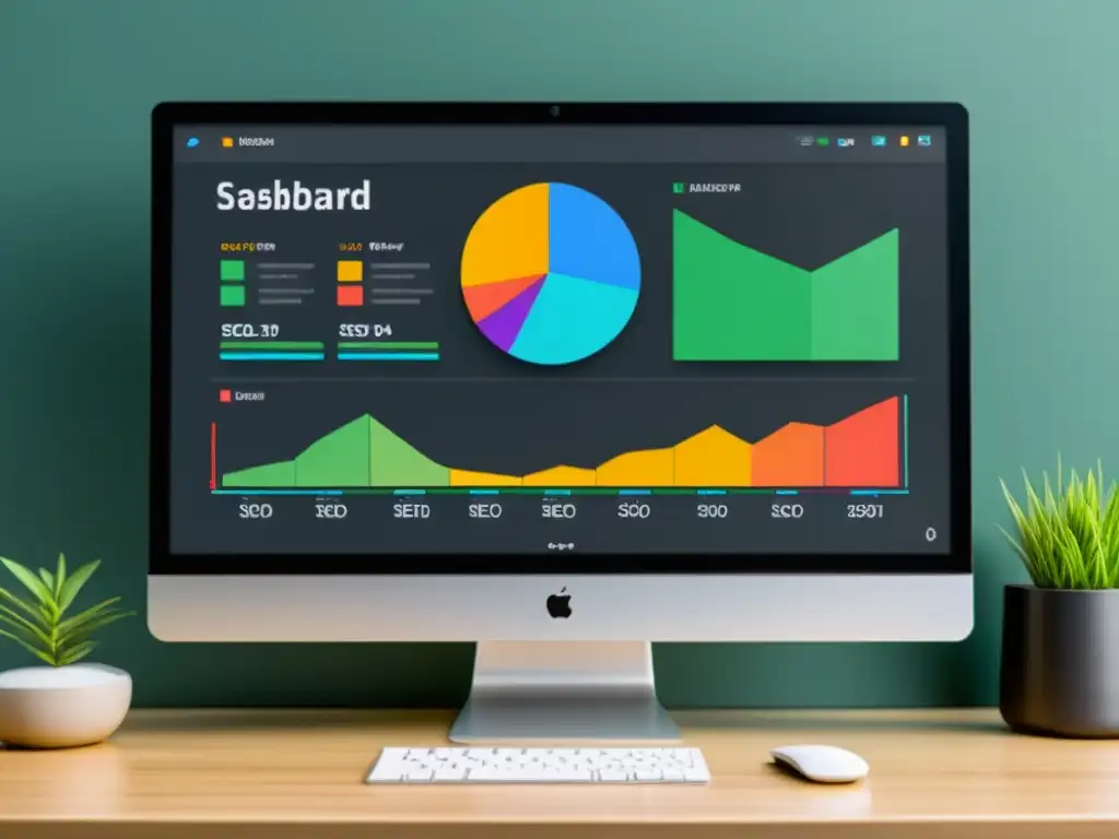 Monitor de computadora moderno muestra dashboard de SEO detallado en 8k, integración de SEO en CMS Open Source