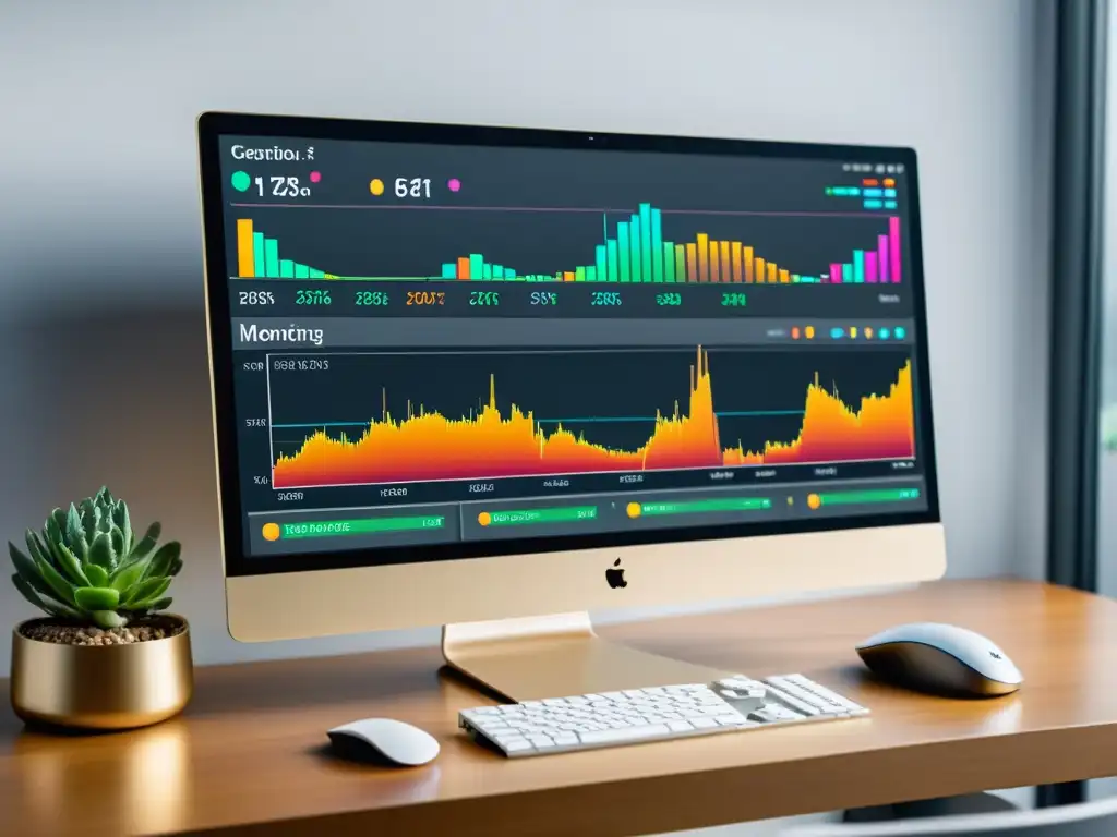 Monitor de computadora moderno mostrando gráficos y métricas de sistema, teclado y ratón en un espacio minimalista