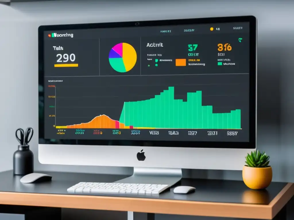 Visualización en tiempo real de actividad de desarrollo frontend Monitor de computadora moderno mostrando gráficos detallados de actividades de desarrollo FrontEnd, destacando las mejores prácticas seguridad