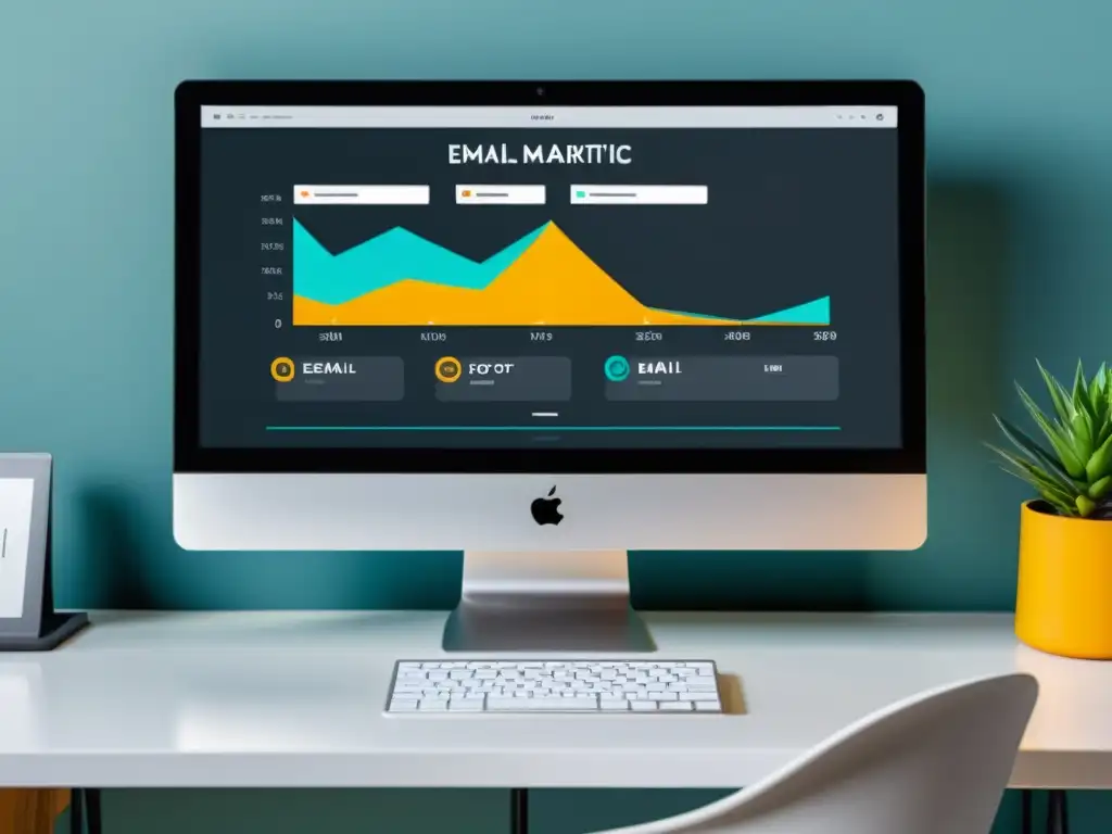 Monitor de computadora moderno mostrando el panel de control de email marketing de Listmonk, en un ambiente de oficina minimalista