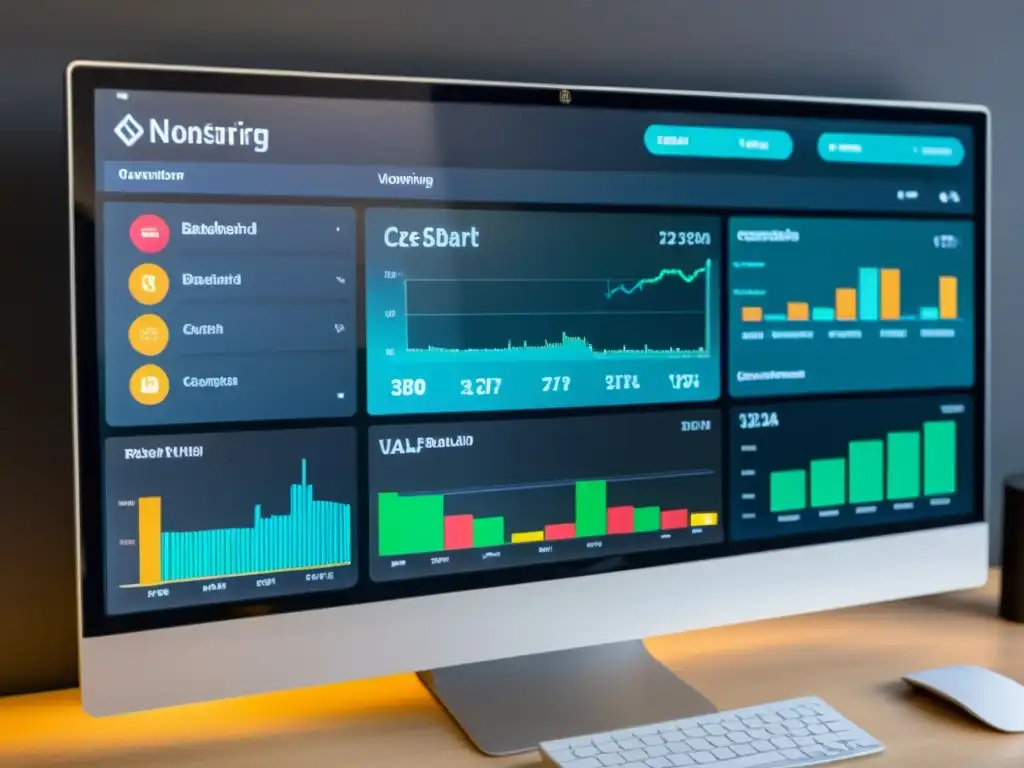 Monitor de computadora moderno muestra panel de monitoreo de red en tiempo real con herramientas de código abierto para seguridad