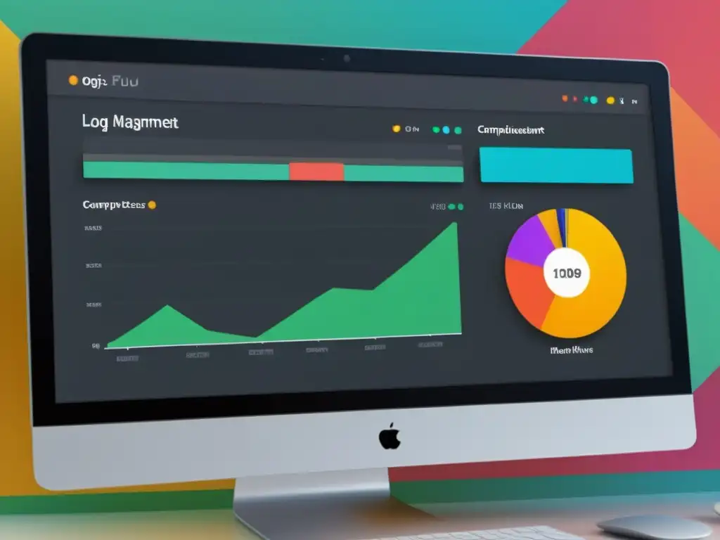 Monitor de computadora moderno muestra panel de gestión de logs en DevOps con visualizaciones intuitivas y entradas dinámicas