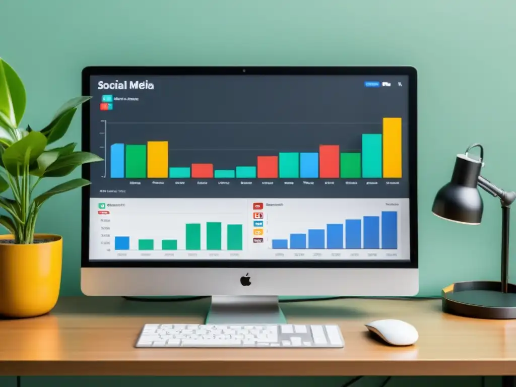 Un monitor de computadora moderno muestra plataformas de redes sociales y herramientas de análisis con gráficos coloridos