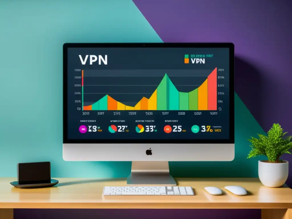 Monitor de computadora moderno muestra prueba de velocidad de VPN de código abierto, con gráficos dinámicos